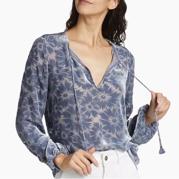 Paige Selmah Long-Sleeve Burnout Blouse in Iced Slate Silk Blend Size Small
